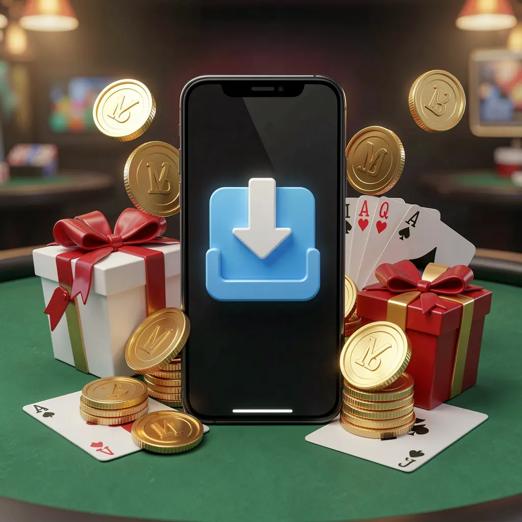 Smartphone displaying a download icon surrounded by golden coins, a gift box, and playing cards in a modern mobile gaming atmosphere, showcasing the 777SANA casino app download concept