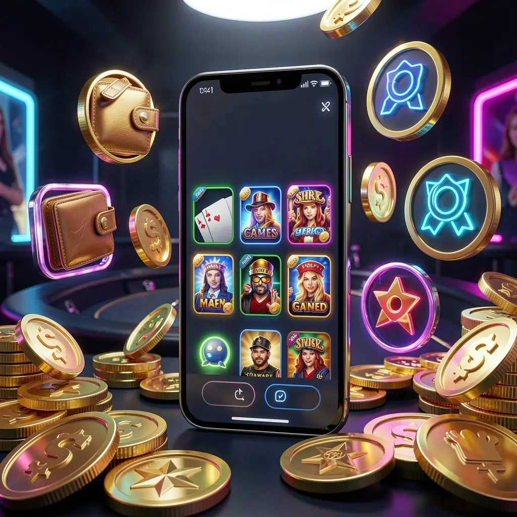 777SANA online casino app interface on a smartphone surrounded by icons for wallet, games, support, and rewards with golden coins and neon lights in a luxury 3D render