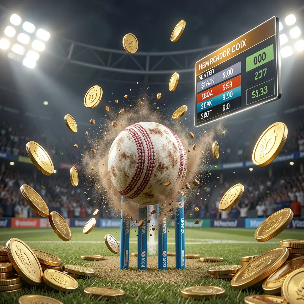 777SANA cricket match betting banner showing a cricket ball hitting wickets with dynamic motion under stadium lights, featuring a floating odds interface and coins in a premium sports atmosphere