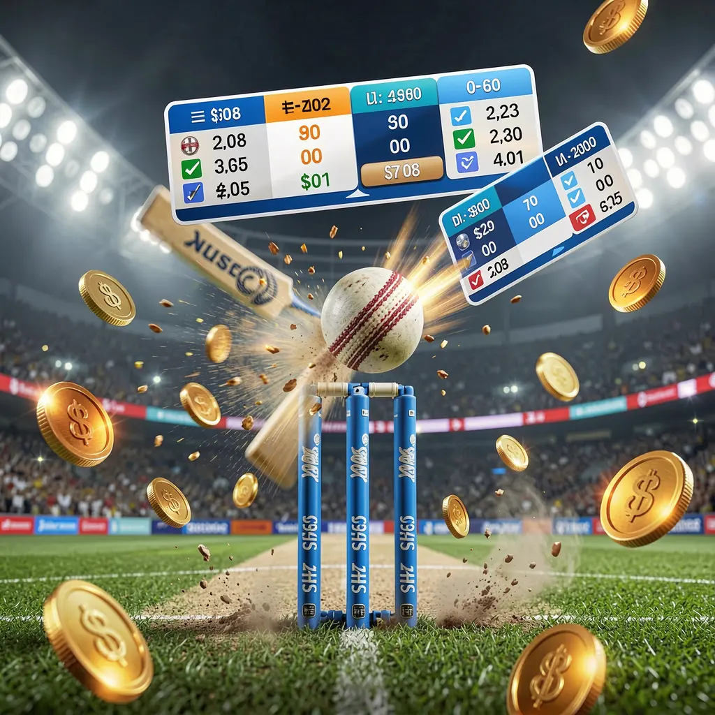 777SANA cricket match betting banner showing a cricket ball hitting the wickets with dynamic motion under stadium lights, featuring a floating odds interface and coins in a premium sports atmosphere