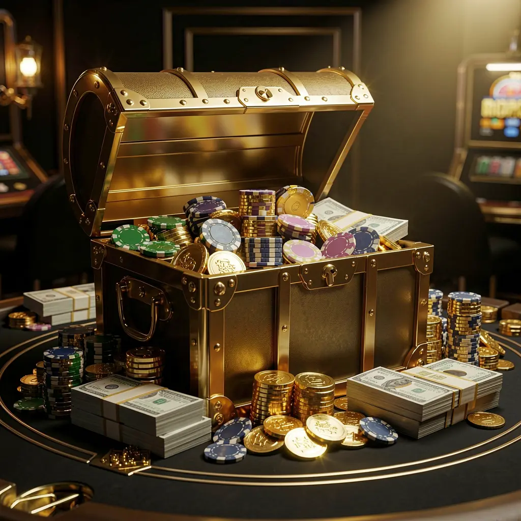 777SANA casino rewards scene featuring a golden treasure chest overflowing with chips, cash bundles, and sparkling coins in an elegant black and gold style with dramatic lighting