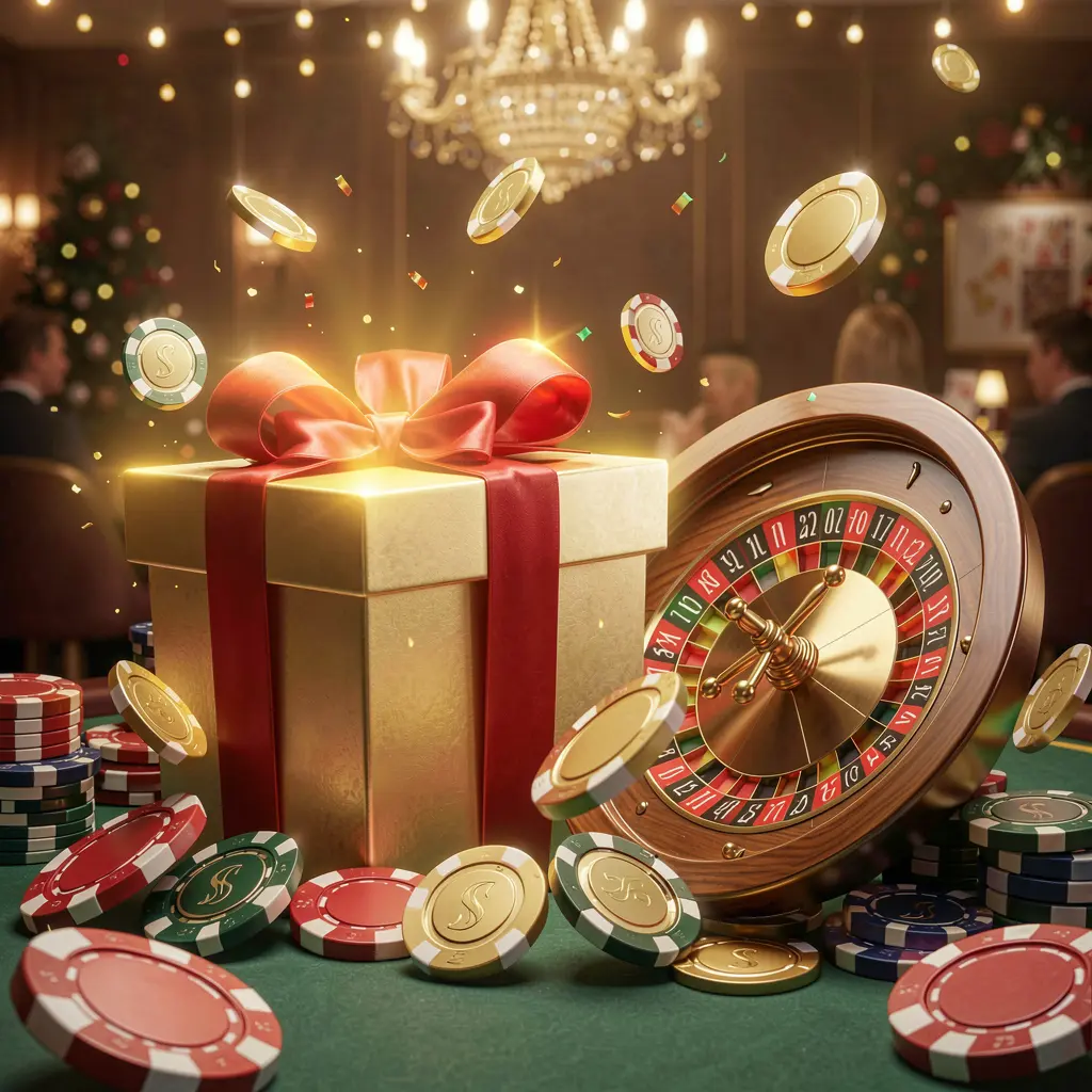 777SANA welcome bonus visual featuring a glowing gift box, roulette wheel, poker chips, and flying coins in a festive casino atmosphere with cinematic lighting and high detail