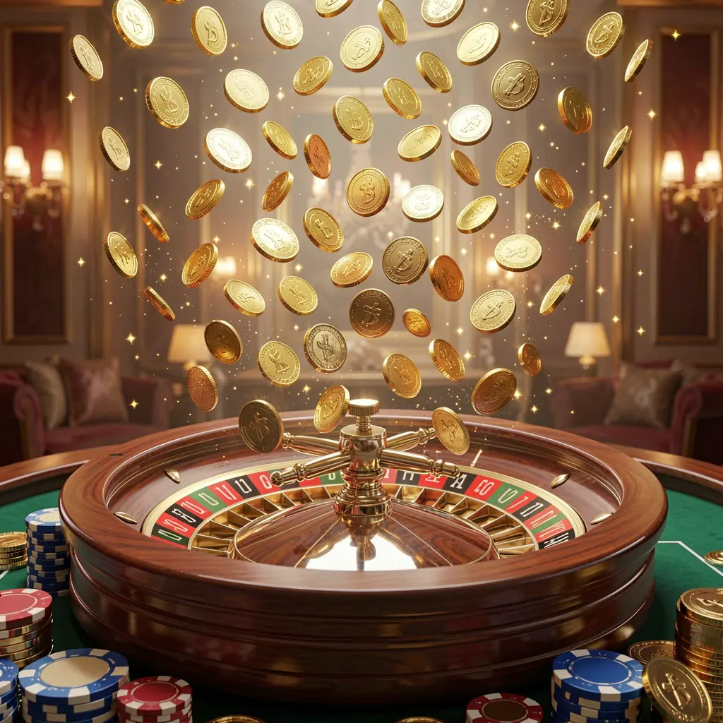 777SANA premium online casino banner with golden coins raining over a roulette wheel and poker chips against a glowing luxury background in a realistic 3D render