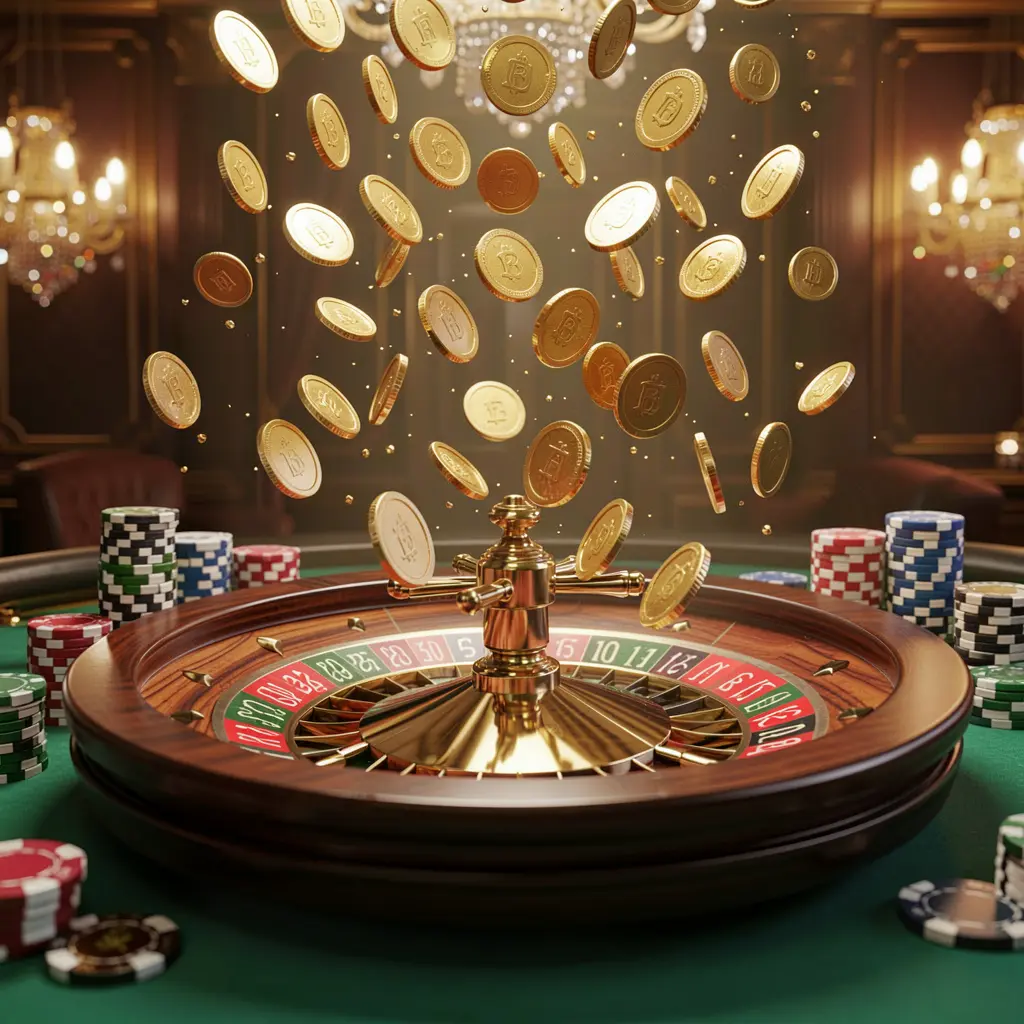 777SANA premium online casino banner with golden coins raining over a roulette wheel and poker chips against a glowing luxury background in a dynamic, realistic 3D render