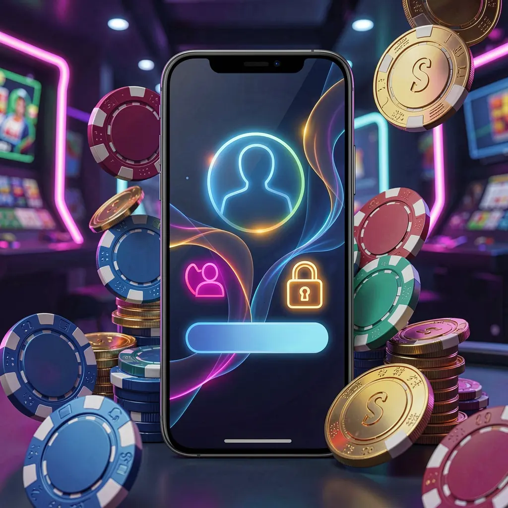 777SANA mobile gaming login page concept featuring a smartphone with an abstract login interface, user and lock icons, surrounded by casino chips and coins under luxury neon lighting