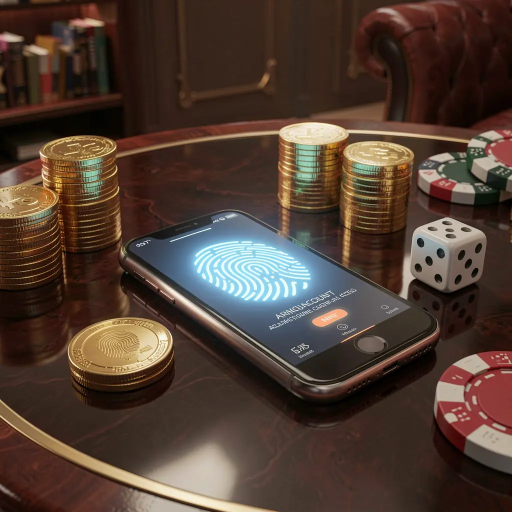 777SANA online gaming account access scene with smartphone displaying glowing fingerprint icon, golden coins, dice, and poker chips on a glossy table under cinematic lighting