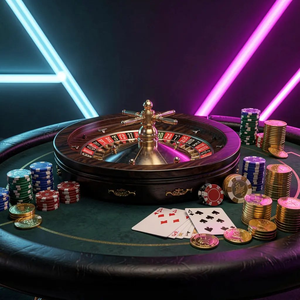 Luxury online casino table with roulette wheel, poker chips, playing cards, and golden coins on a dark premium background with neon glow, showcasing 777SANA's cinematic 3D render for their homepage hero banner